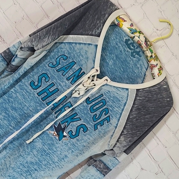 Y2K San Jose Sharks Hockey Long Sleeve Tie Front Blue Gray Top Shirt Womens Sz S - Picture 13 of 14